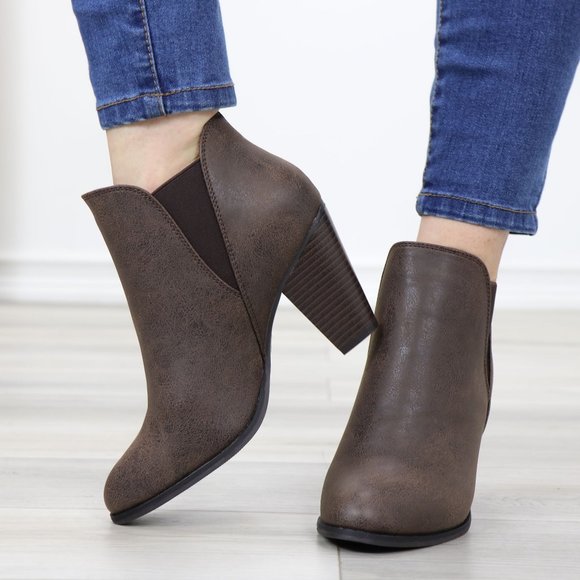 Chelsea Cone High Heel Ankle Boots Brown Synthetic Leather Pointed Toe - Picture 12 of 14